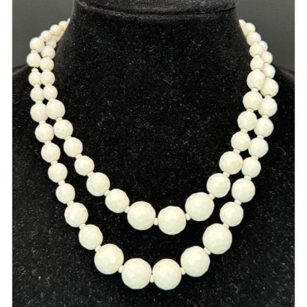 Vintage Hobe Necklace Faceted Graduated Milk Glass Double Strand Beaded 18"